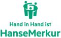 Logo HanseMerkur Grüner Schriftzug Hand in Hand ist HanseMerkur mit Icon aus drei Personen im Kreis.