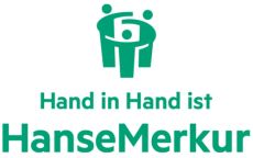 Grüner Schriftzug Hand in Hand ist HanseMerkur mit Icon aus drei Personen im Kreis.